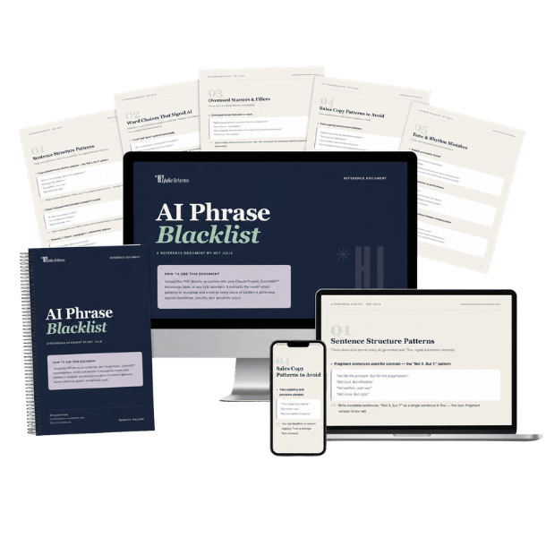 AI Phrase Blacklist Mockup transparent AI Phrase Blacklist product mockup on desktop, laptop, phone and printed guide