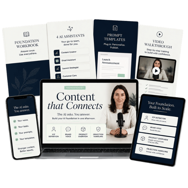 Content that Connects Mockup Content that Connects product mockup with workbook, AI assistants, prompt templates and video walkthrough